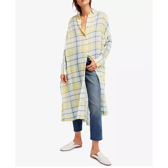 Free People By My Side Long Button Up Tunic Top Blouse Shirt Duster Womens M - Picture 1 of 17